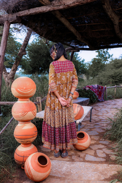 Mustard Embroidered Anarkali Long Dress with Tassels & Mirror Work