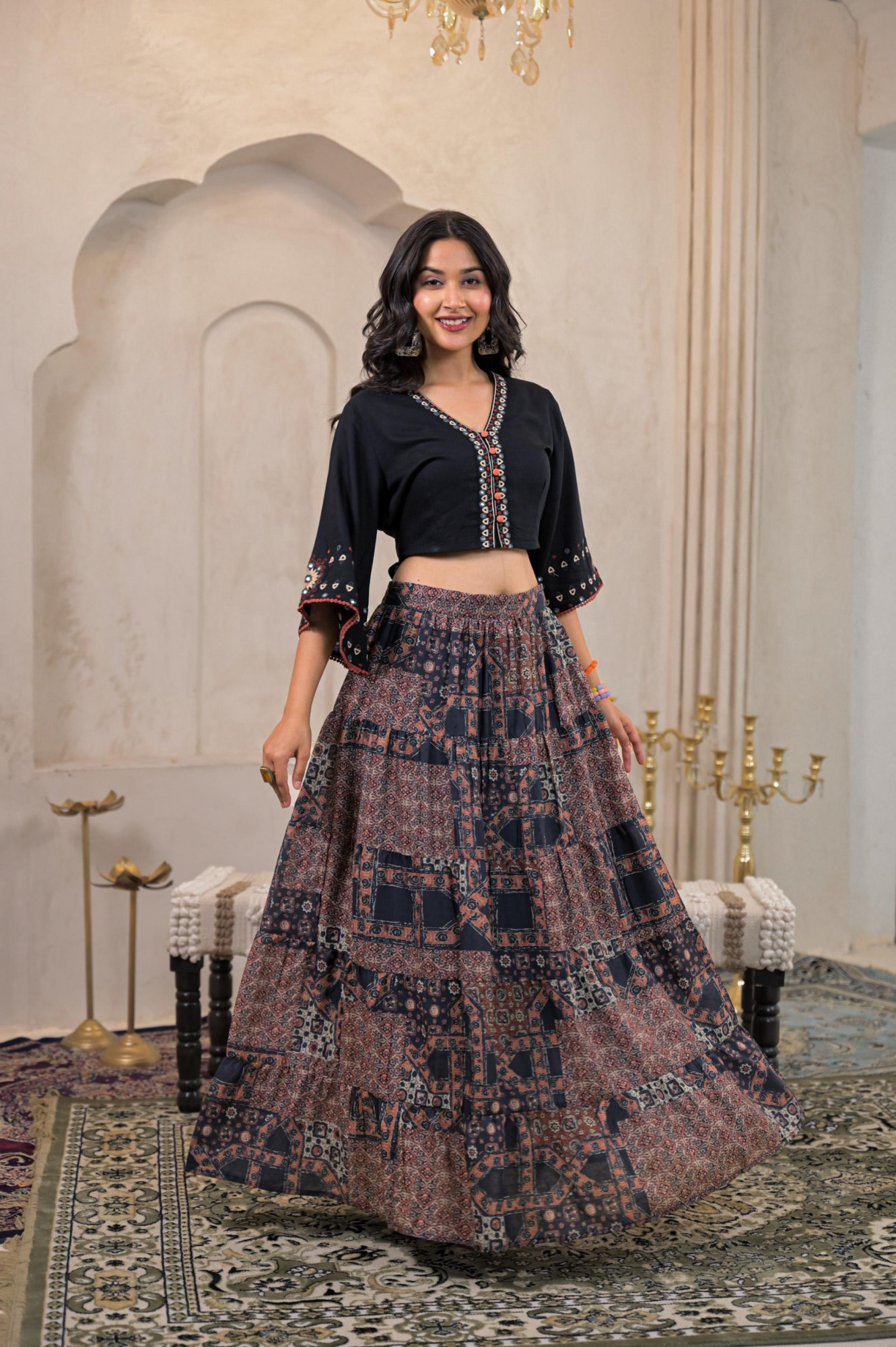 Black Mirror Work Crop Top With Printed Flared Skirt Set