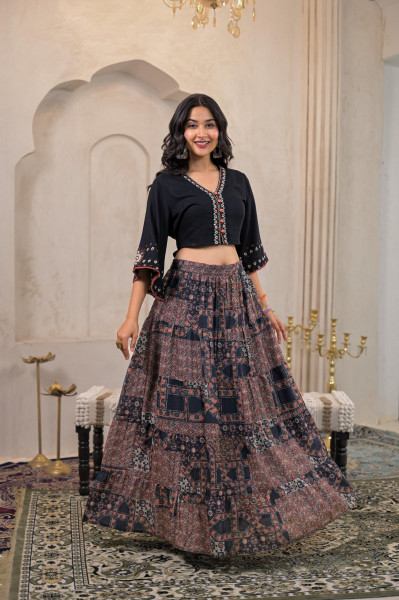 Black Mirror Work Crop Top With Printed Flared Skirt Set