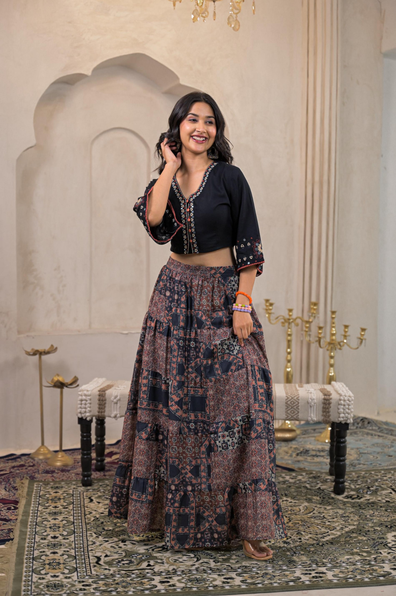 Black Mirror Work Crop Top With Printed Flared Skirt Set