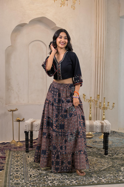 Black Mirror Work Crop Top With Printed Flared Skirt Set