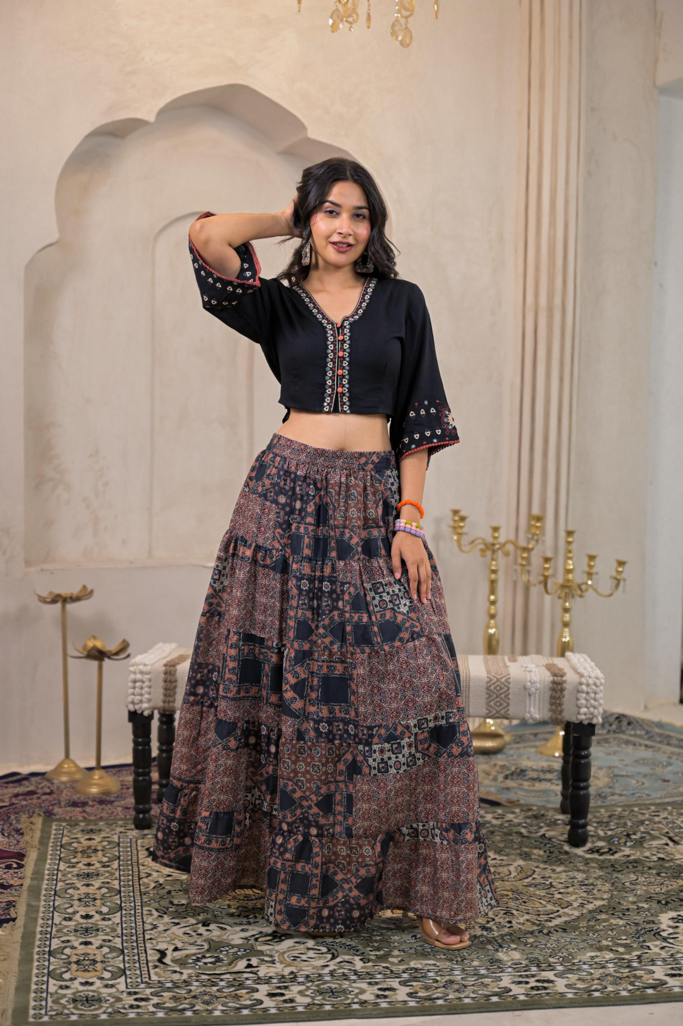 Black Mirror Work Crop Top With Printed Flared Skirt Set