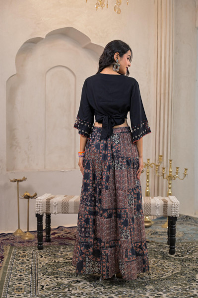 Black Mirror Work Crop Top With Printed Flared Skirt Set
