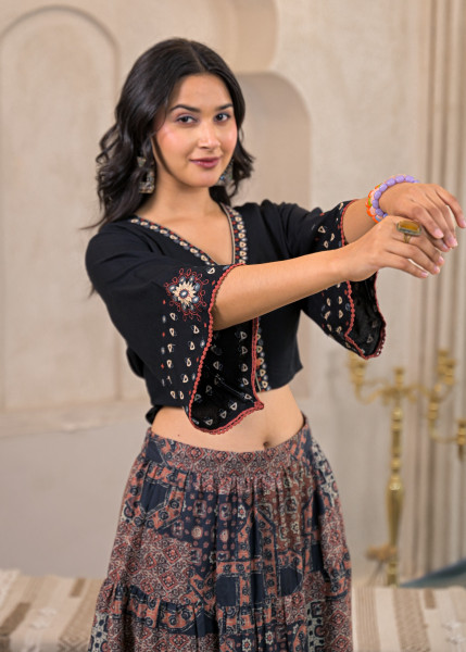 Mustard Floral Embroidered Co-ord Set with Mirror & Thread Work