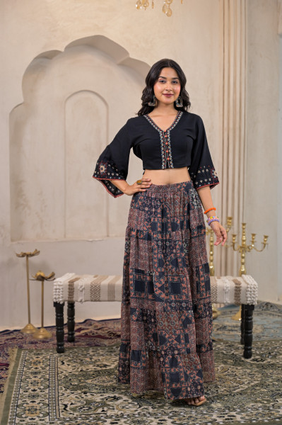 Mustard Floral Embroidered Co-ord Set with Mirror & Thread Work