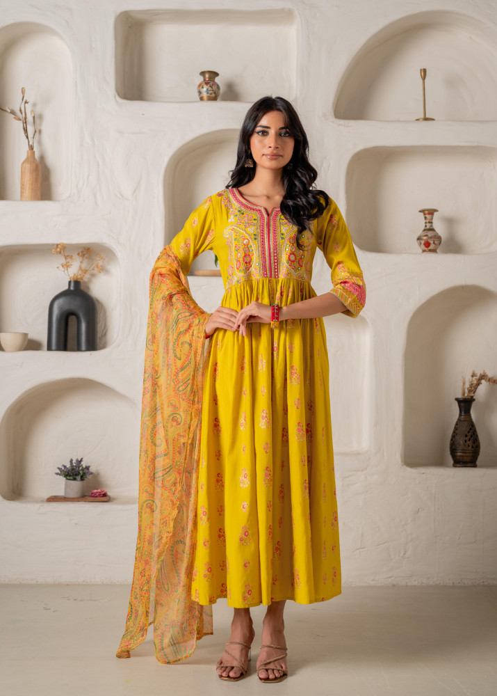 Mustard Yellow Embroidered Anarkali Kurta With Printed Dupatta
