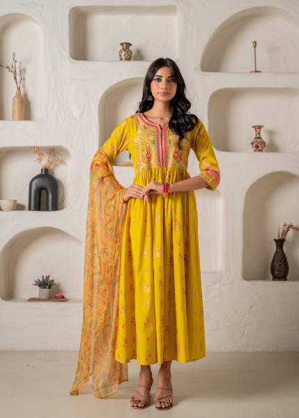 Mustard Yellow Embroidered Anarkali Kurta With Printed Dupatta