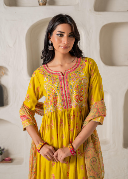 Mustard Yellow Embroidered Anarkali Kurta With Printed Dupatta