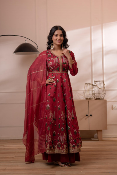 Embroidered Maroon Long Kurta And Skirt With Dupatta