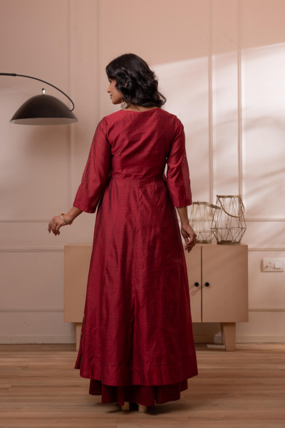 Embroidered Maroon Long Kurta And Skirt With Dupatta