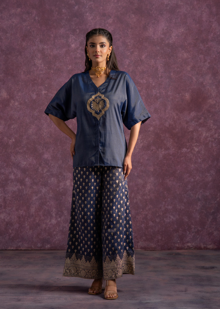 Indigo Viscose Solid A-Line Tunic With Pants Co-Ord Set With Zari &amp; Sequence Work
