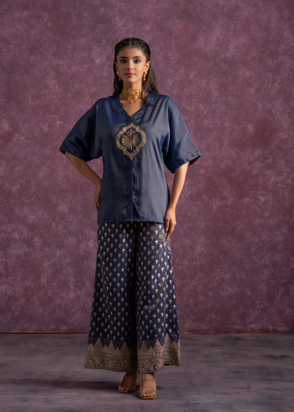 Indigo Viscose Solid A-Line Tunic With Pants Co-Ord Set With Zari & Sequence Work