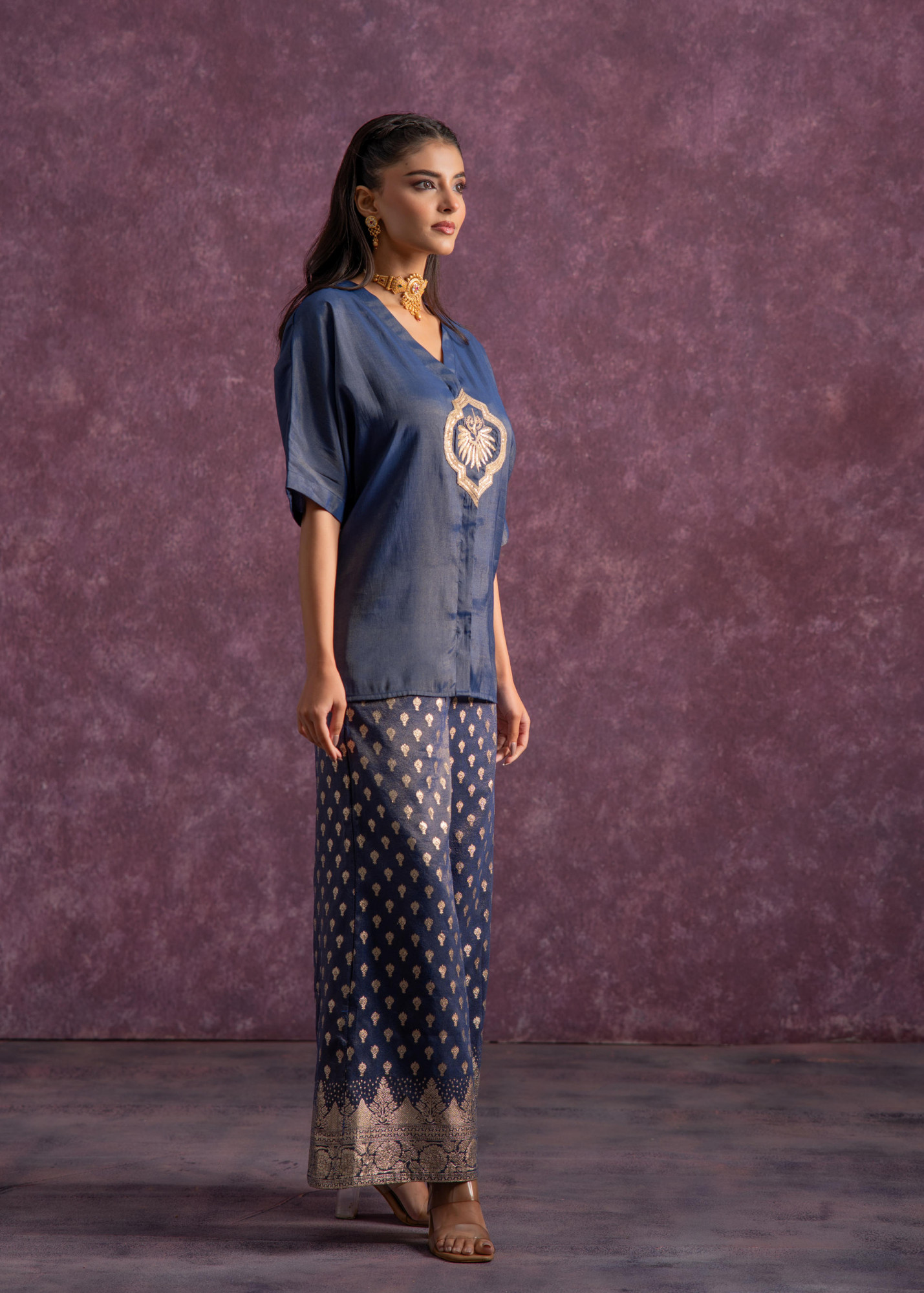 Indigo Viscose Solid A-Line Tunic With Pants Co-Ord Set With Zari & Sequence Work