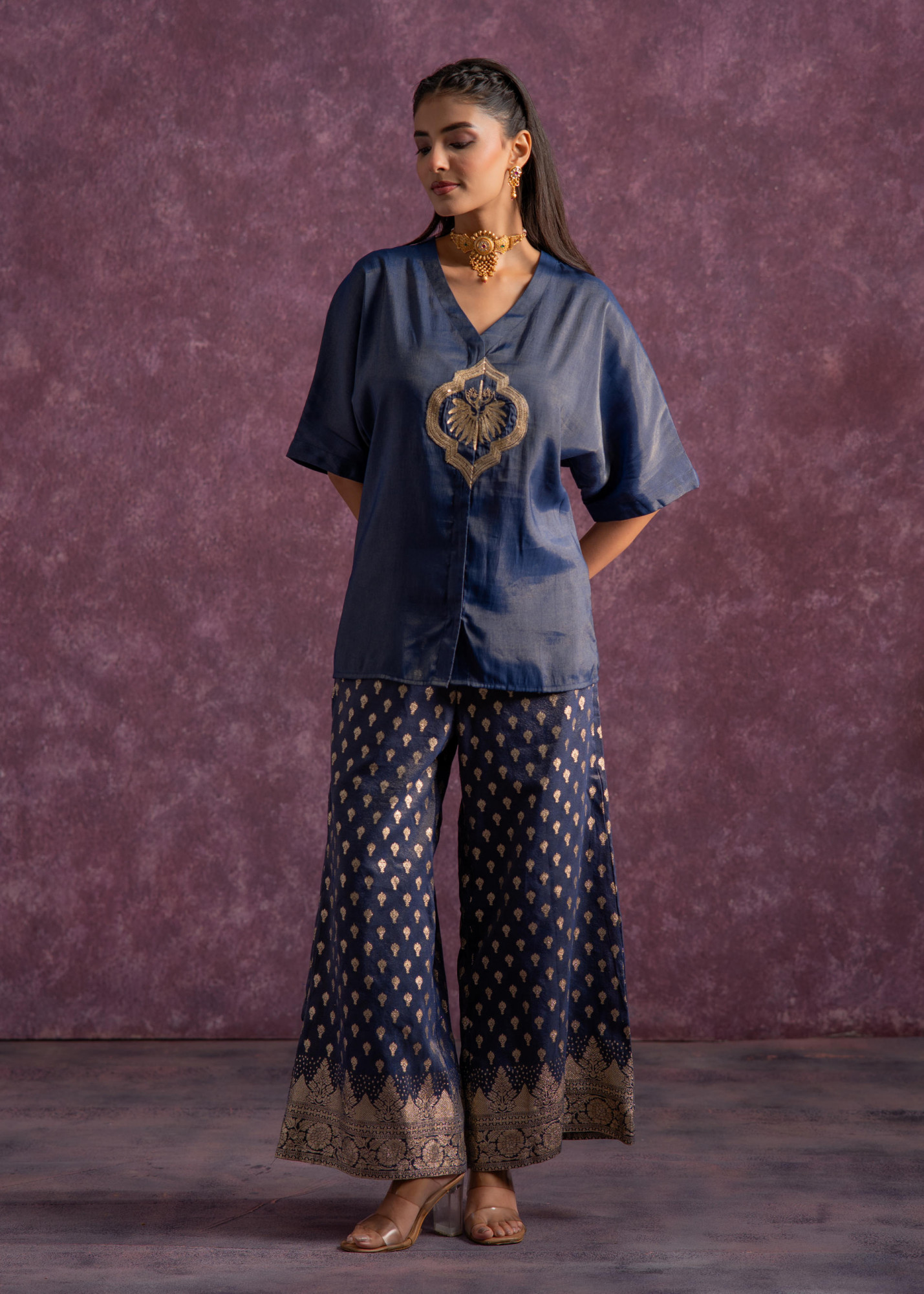 Indigo Viscose Solid A-Line Tunic With Pants Co-Ord Set With Zari & Sequence Work