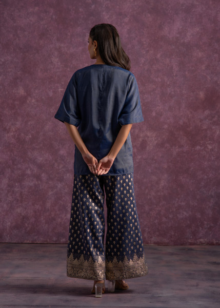 Indigo Viscose Solid A-Line Tunic With Pants Co-Ord Set With Zari & Sequence Work