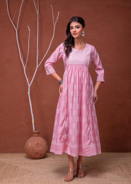 Polycotton Pink Embroidered Longdress with Mirror & Thared Work