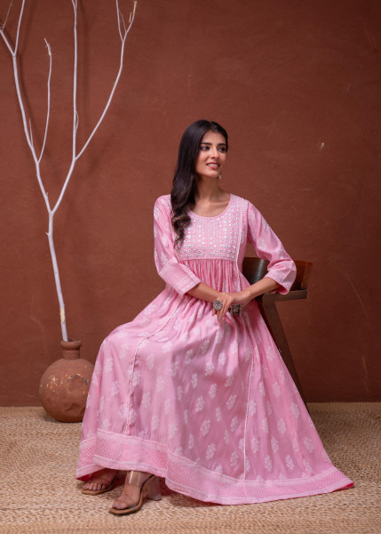 Polycotton Pink Embroidered Longdress with Mirror & Thared Work