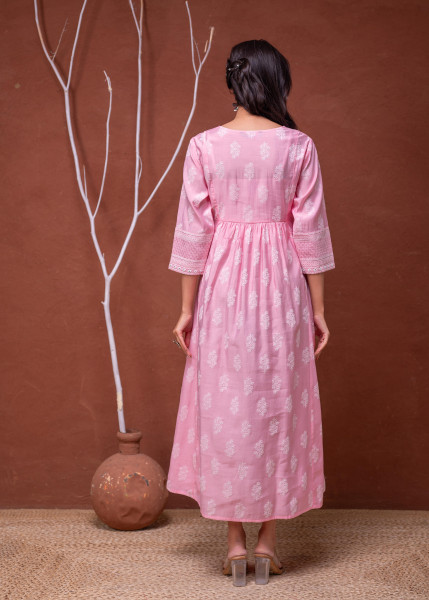 Polycotton Pink Embroidered Longdress with Mirror & Thared Work