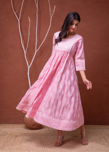 Polycotton Pink Embroidered Longdress with Mirror & Thared Work