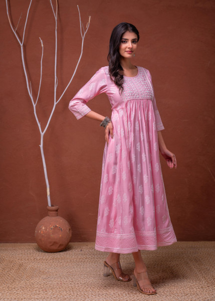 Polycotton Pink Embroidered Longdress with Mirror & Thared Work