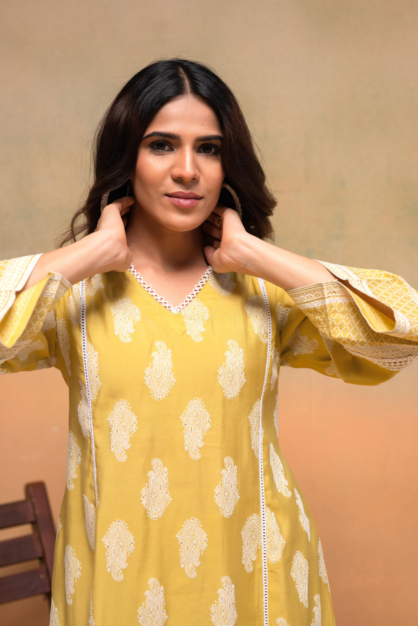 Viscose Yellow Embroidered Kurta Pant Co-ordset with Thared Work & Lace