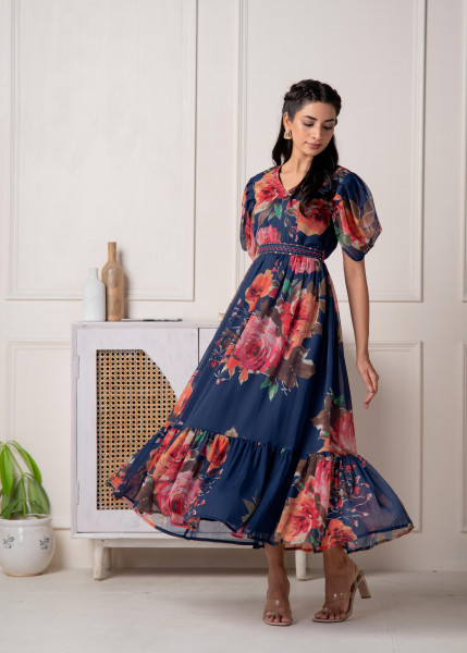 Navy Blue Floral Printed Fit & Flare Maxi Dress