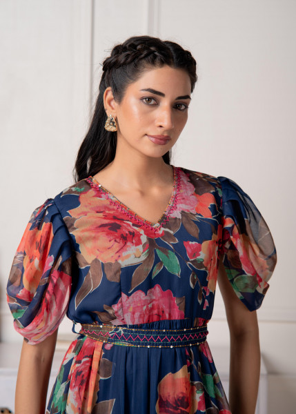 Navy Blue Floral Printed Fit & Flare Maxi Dress