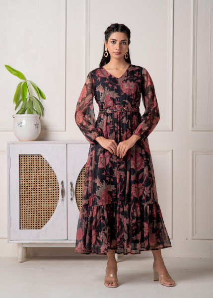 Floral Printed Dress With Sheer Sleeves & Beaded Waist Detailing