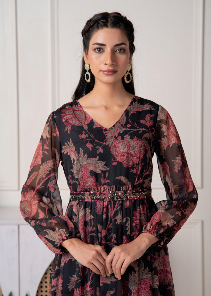 Floral Printed Dress With Sheer Sleeves & Beaded Waist Detailing