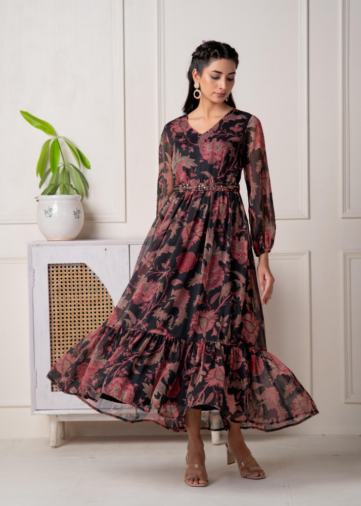 Floral Printed Dress With Sheer Sleeves &amp; Beaded Waist Detailing