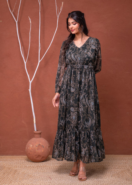 Floral Printed Dress With Sheer Sleeves & Beaded Waist Detailing