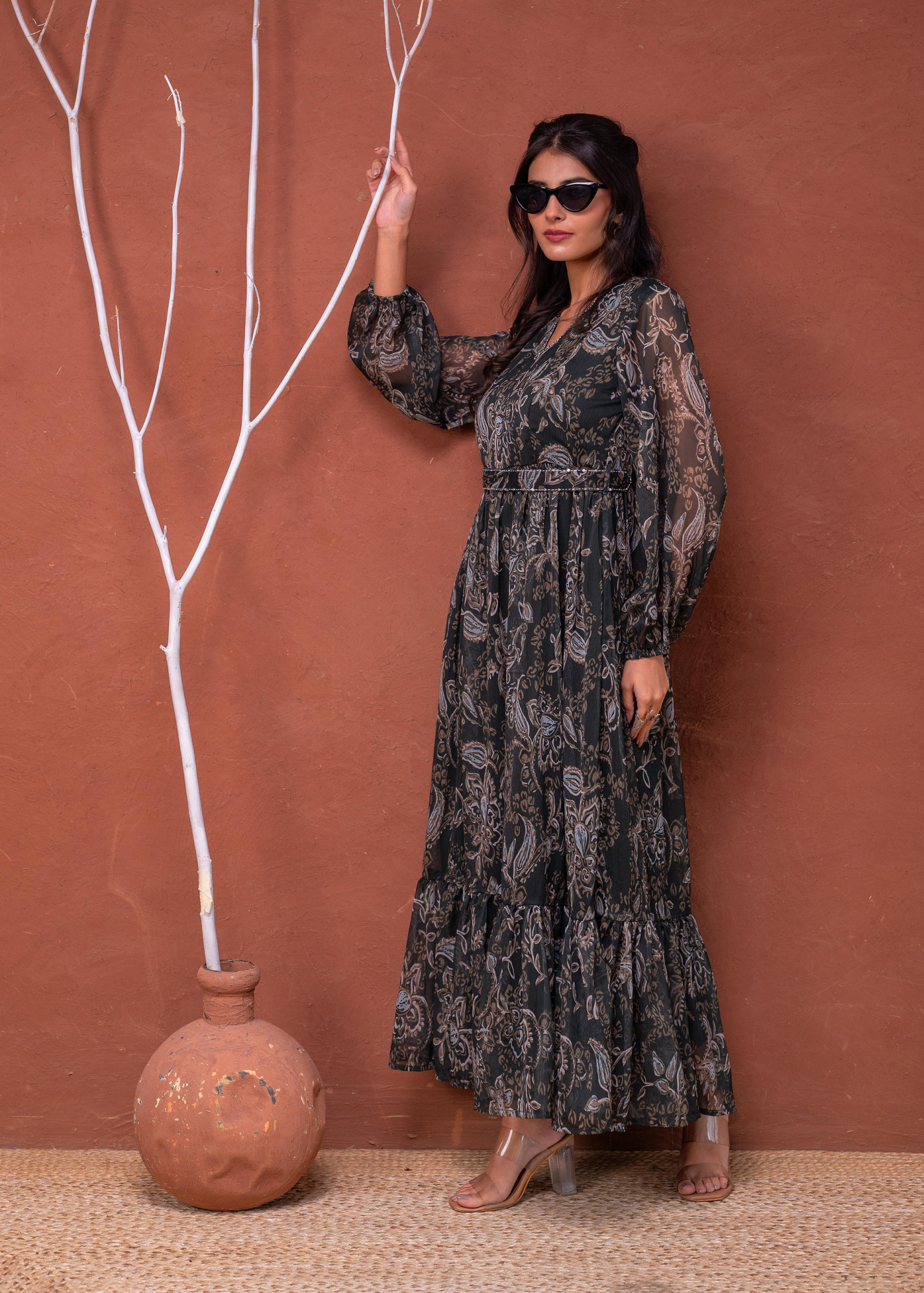 Floral Printed Dress With Sheer Sleeves & Beaded Waist Detailing