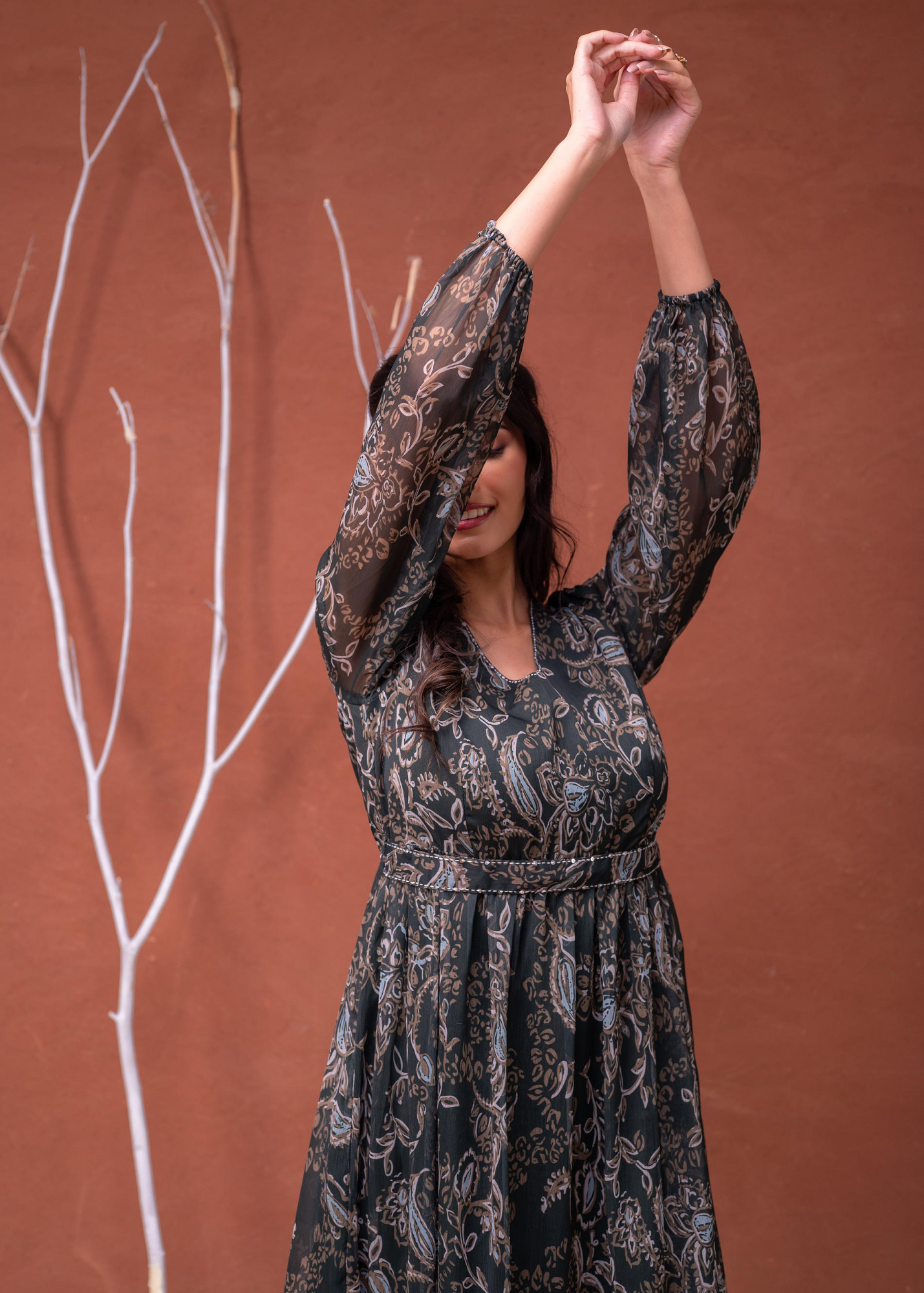 Floral Printed Dress With Sheer Sleeves & Beaded Waist Detailing