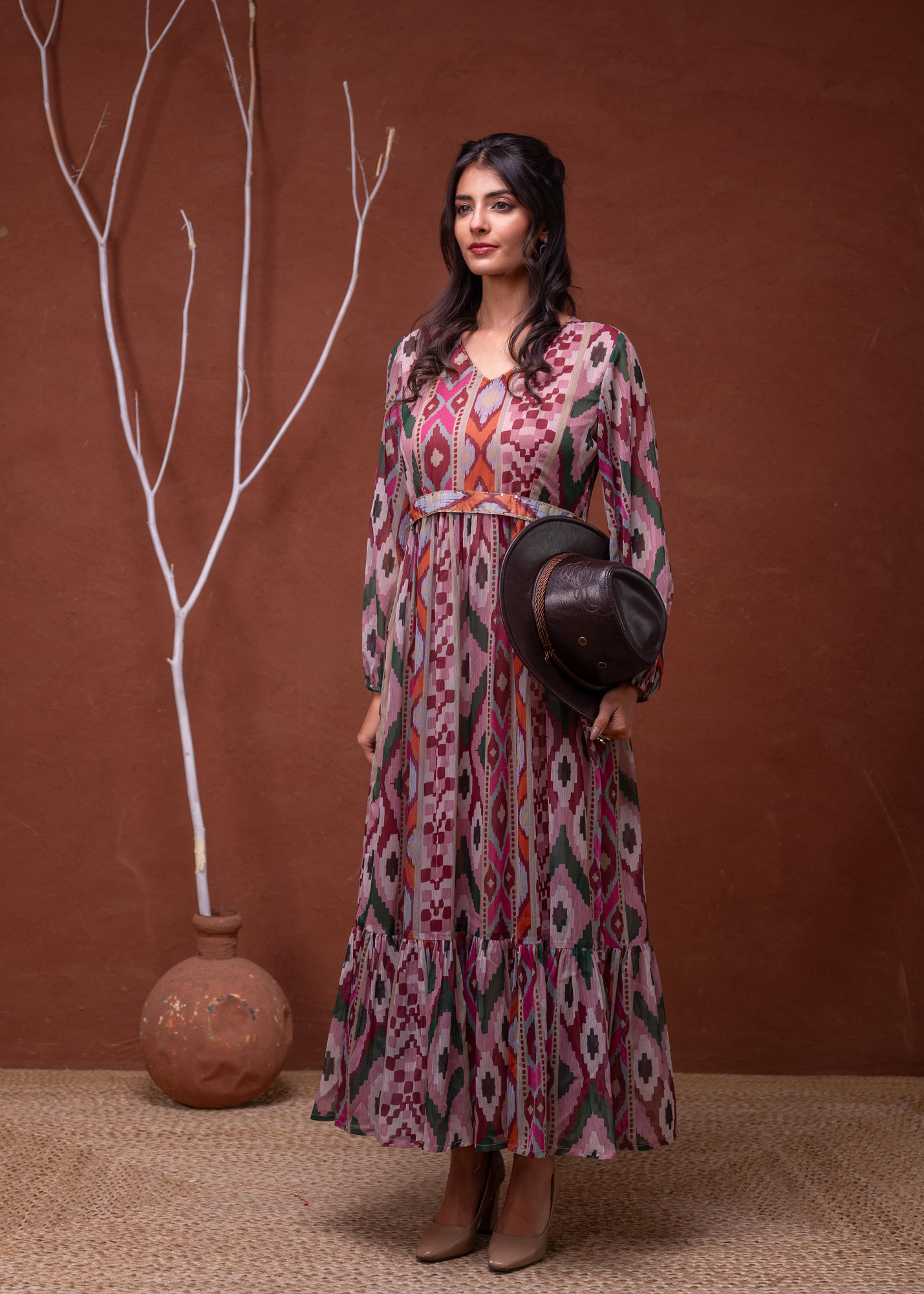 Floral Printed Dress With Sheer Sleeves & Beaded Waist Detailing