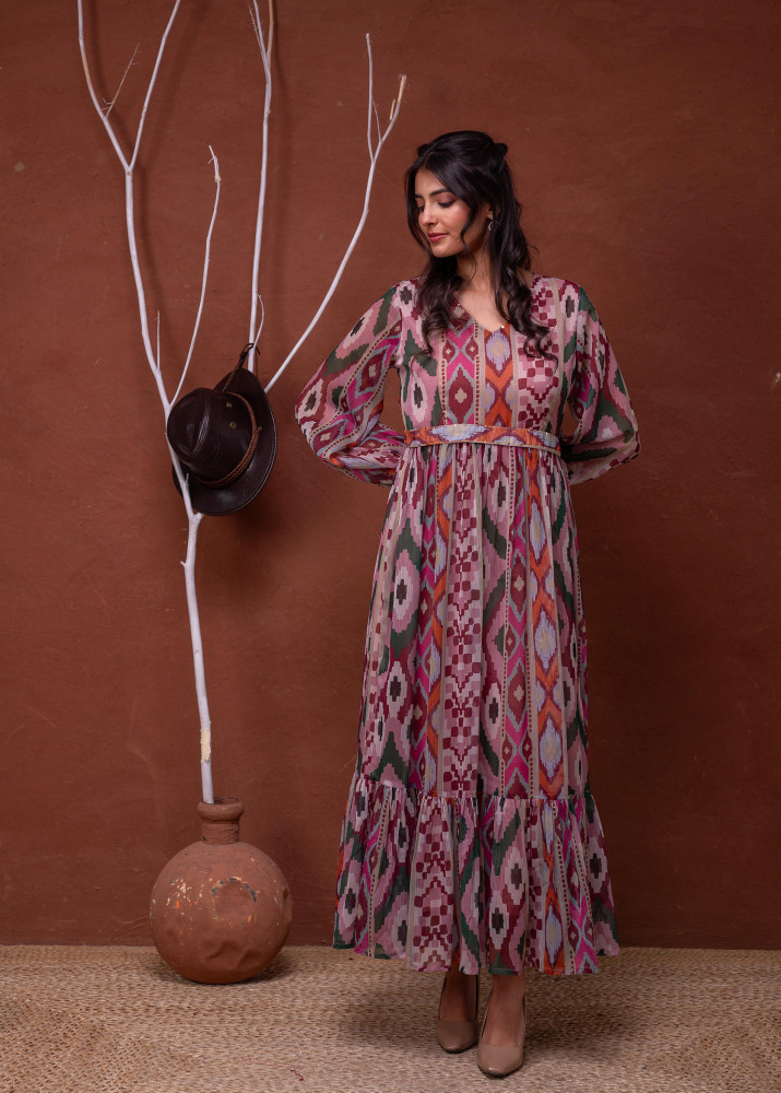 Floral Printed Dress With Sheer Sleeves &amp; Beaded Waist Detailing