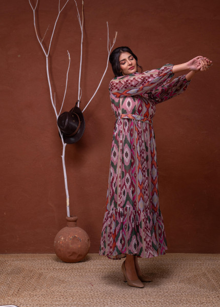 Floral Printed Dress With Sheer Sleeves & Beaded Waist Detailing