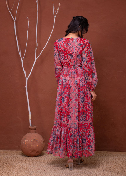 Floral Printed Dress With Sheer Sleeves & Beaded Waist Detailing