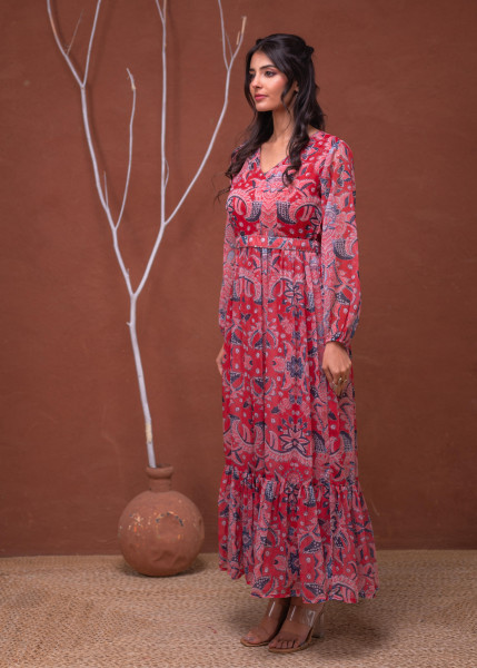 Floral Printed Dress With Sheer Sleeves & Beaded Waist Detailing