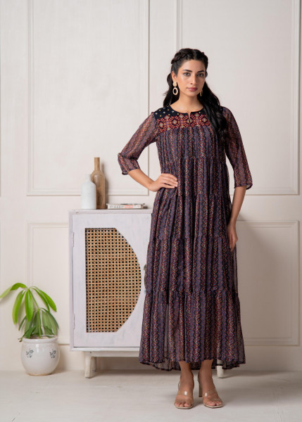 Blue Printed Tiered Dress With Detailed Yoke