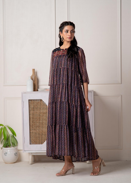 Blue Printed Tiered Dress With Detailed Yoke