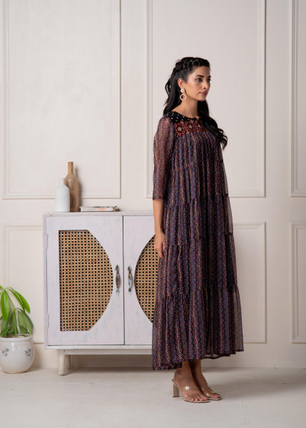 Blue Printed Tiered Dress With Detailed Yoke