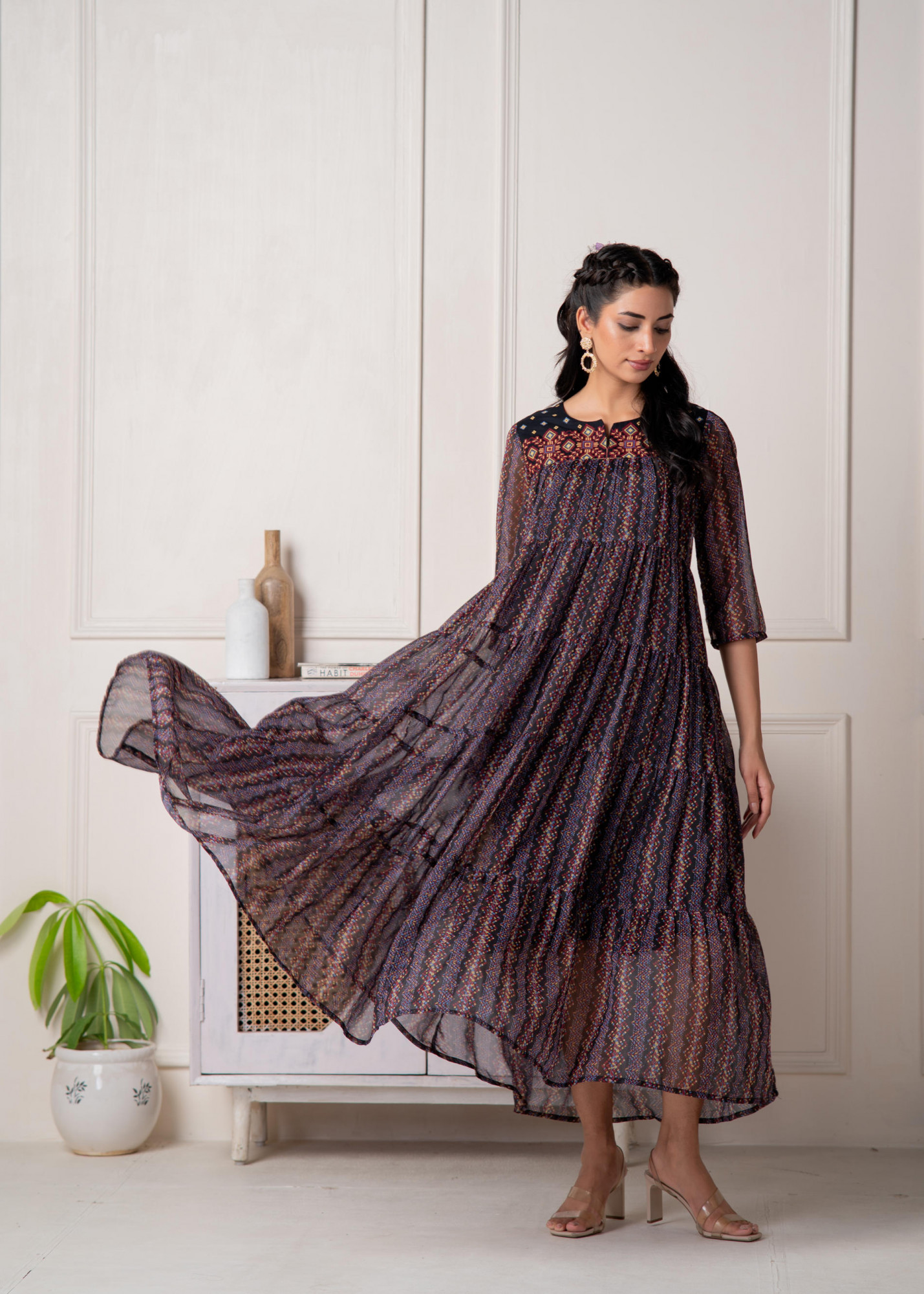 Blue Printed Tiered Dress With Detailed Yoke