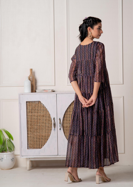 Blue Printed Tiered Dress With Detailed Yoke