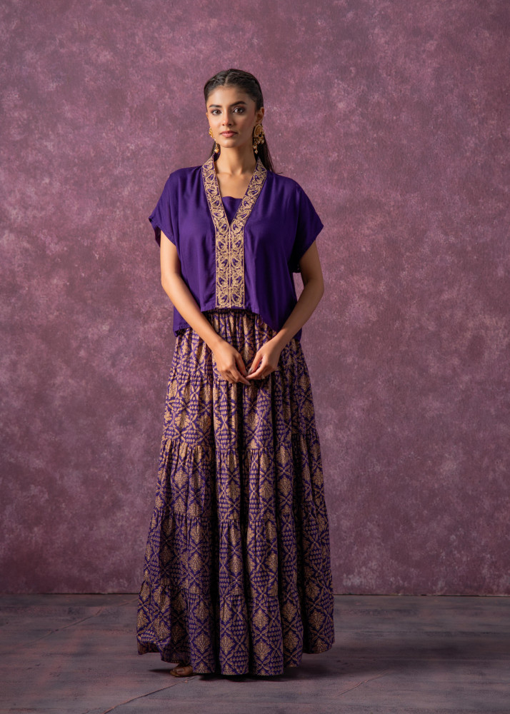 Purple Viscose Solid  Top With Skirt Co-Ord Set With Mirror &amp; Sequence Work