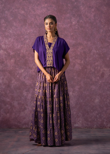 Purple Viscose Solid  Top With Skirt Co-Ord Set With Mirror & Sequence Work
