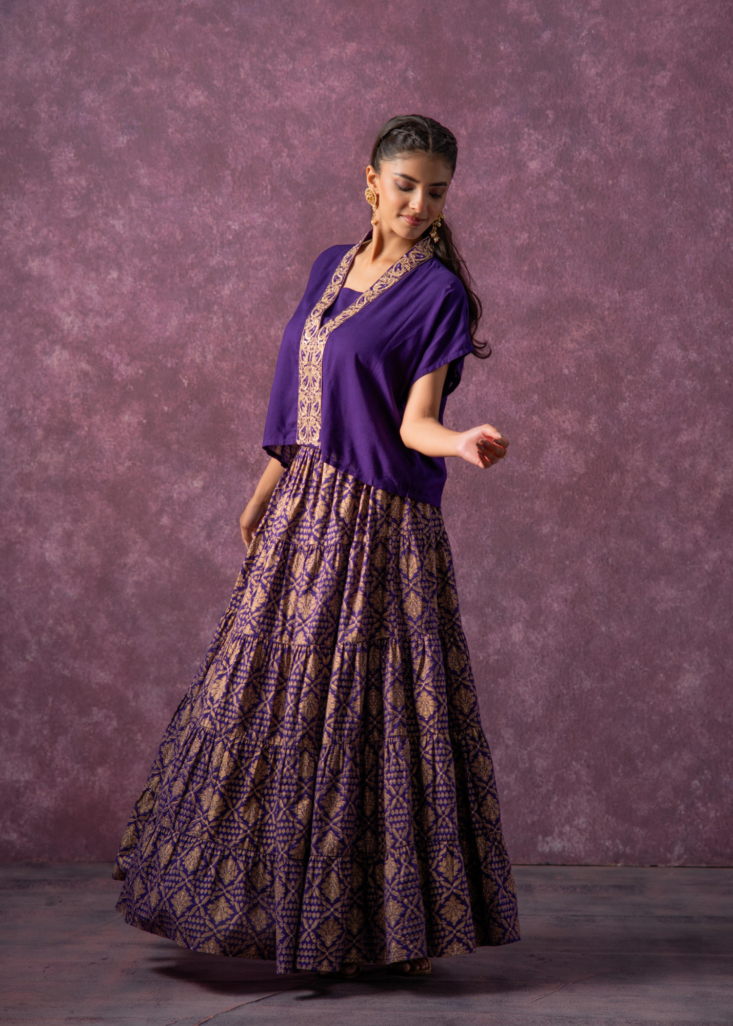 Purple Viscose Solid  Top With Skirt Co-Ord Set With Mirror & Sequence Work