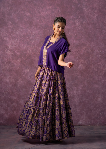 Purple Viscose Solid  Top With Skirt Co-Ord Set With Mirror & Sequence Work