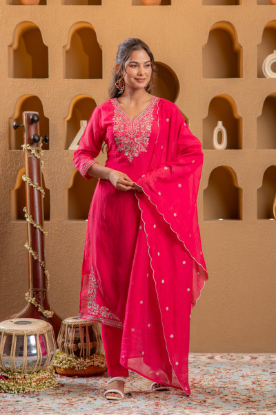 Fuchsia Viscose Straight Kurta with Pants & Dupatta Set with Thread & Zari Work
