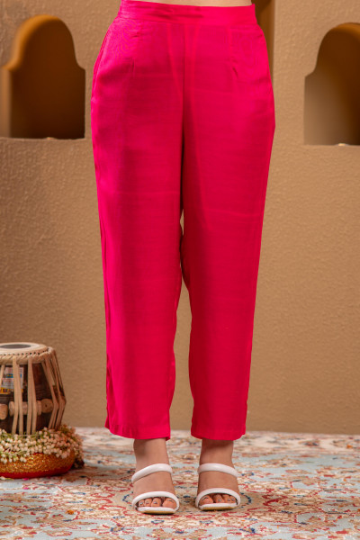 Fuchsia Viscose Straight Kurta with Pants & Dupatta Set with Thread & Zari Work
