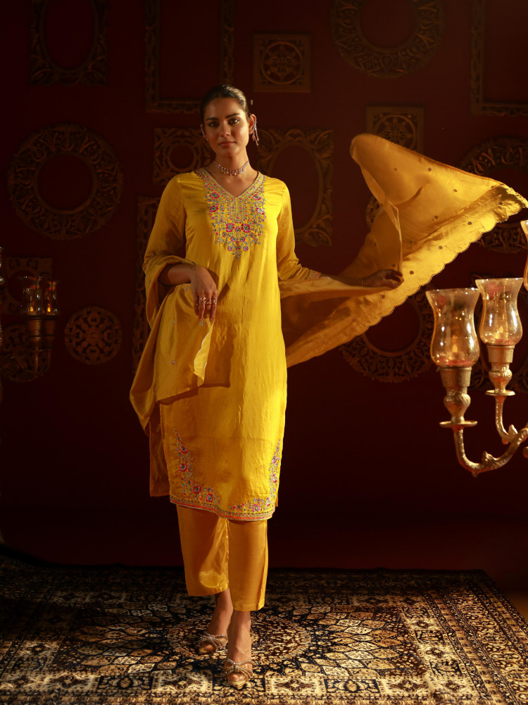 Mustard Viscose Kurta with Pants &amp; Dupatta Set with Thread &amp; Zari Work